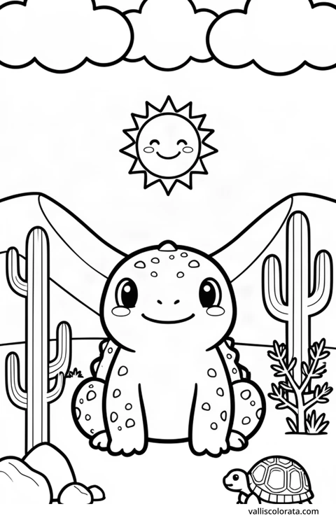Color a cheerful gila monster in a simple nature scene. A free Kawaii L1 page with open coloring spaces. Download an A4 PDF or branded PNG.