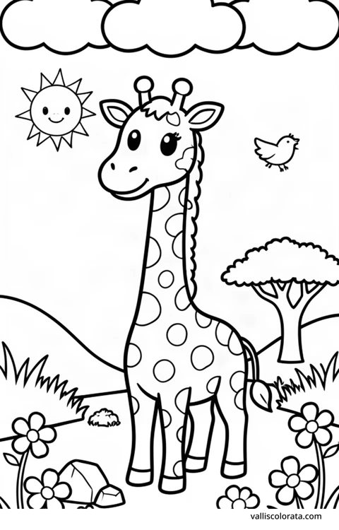 Bojanka: Žirafa. Vesela životinja u jednostavnom prizoru iz prirode. Besplatna Kawaii bojanka razine L1 za preuzimanje kao A4 PDF ili PNG s oznakom Vallis Colorata.