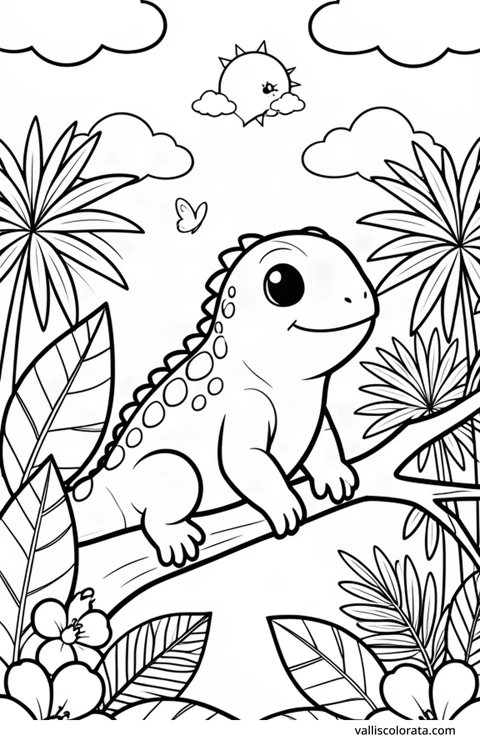 Color a cheerful green iguana in a simple nature scene. A free Kawaii L1 page with open coloring spaces. Download an A4 PDF or branded PNG.
