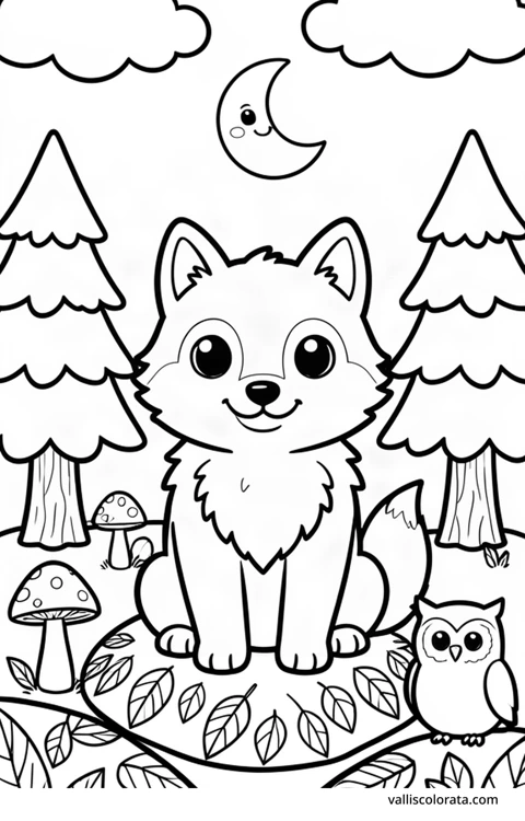 Color a cheerful grey wolf in a simple nature scene. A free Kawaii L1 page with open coloring spaces. Download an A4 PDF or branded PNG.