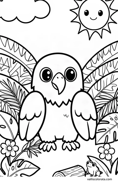 Color a cheerful harpy eagle in a simple nature scene. A free Kawaii L1 page with open coloring spaces. Download an A4 PDF or branded PNG.