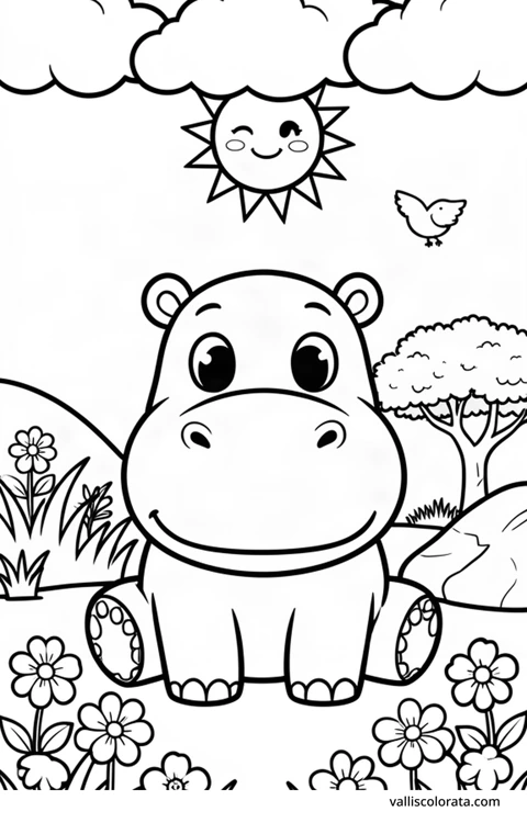 Color a cheerful hippo in a simple nature scene. A free Kawaii L1 page with open coloring spaces. Download an A4 PDF or branded PNG.