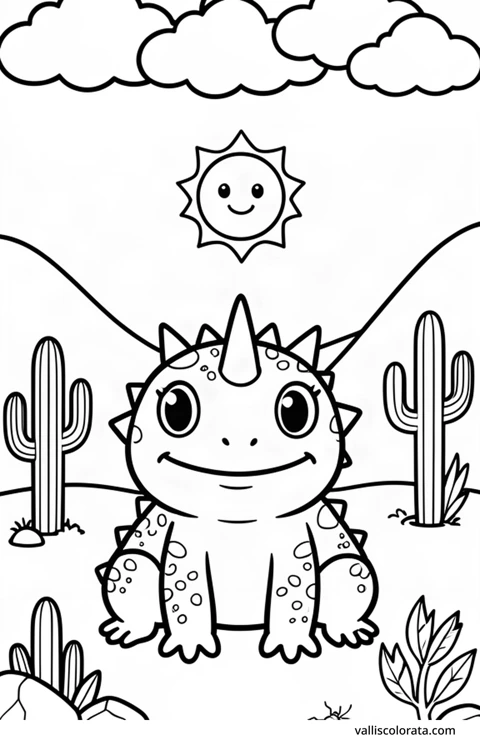 Color a cheerful horned lizard in a simple nature scene. A free Kawaii L1 page with open coloring spaces. Download an A4 PDF or branded PNG.