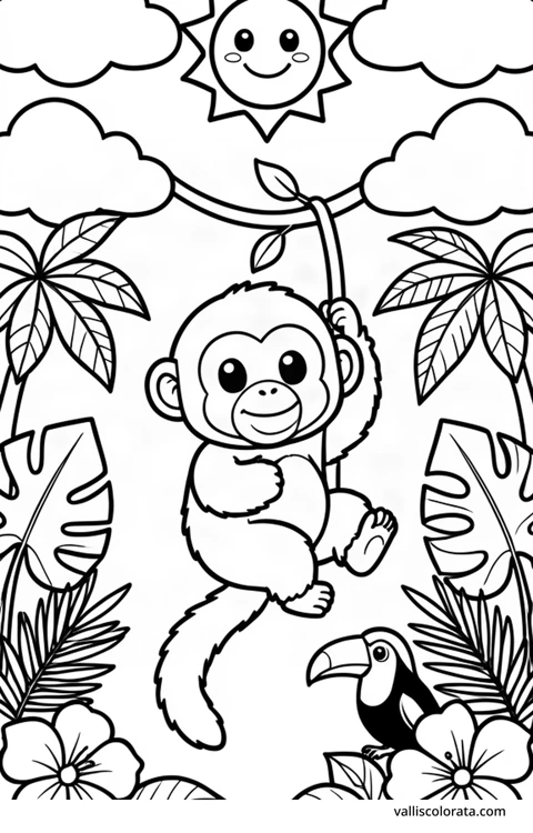 Bojanka: Majmun urlikavac. Vesela životinja u jednostavnom prizoru iz prirode. Besplatna Kawaii bojanka razine L1 za preuzimanje kao A4 PDF ili PNG s oznakom Vallis Colorata.