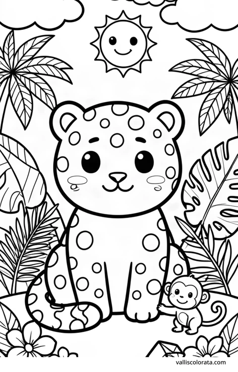 Color a cheerful jaguar in a simple nature scene. A free Kawaii L1 page with open coloring spaces. Download an A4 PDF or branded PNG.