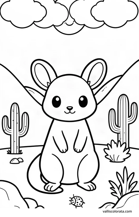 Color a cheerful jerboa in a simple nature scene. A free Kawaii L1 page with open coloring spaces. Download an A4 PDF or branded PNG.