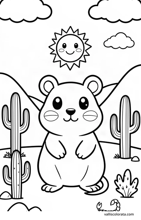 Color a cheerful kangaroo rat in a simple nature scene. A free Kawaii L1 page with open coloring spaces. Download an A4 PDF or branded PNG.