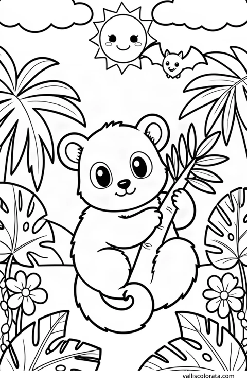 Color a cheerful kinkajou in a simple nature scene. A free Kawaii L1 page with open coloring spaces. Download an A4 PDF or branded PNG.