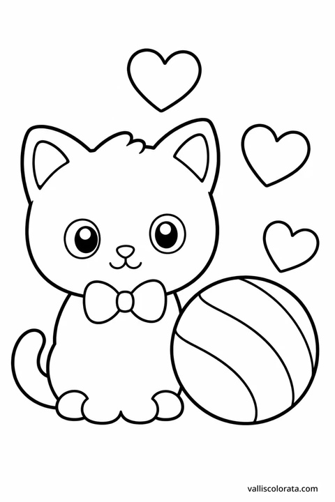 A kitten sits beside a large ball of yarn tied with a bow, with three hearts around it.
