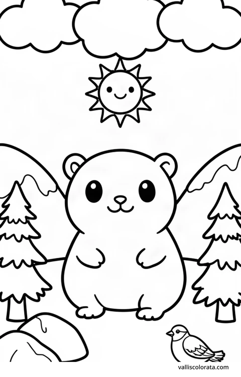 Bojanka: Leming. Vesela životinja u jednostavnom prizoru iz prirode. Besplatna Kawaii bojanka razine L1 za preuzimanje kao A4 PDF ili PNG s oznakom Vallis Colorata.