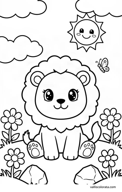 Color a cheerful lion cub in a simple nature scene. A free Kawaii L1 page with open coloring spaces. Download an A4 PDF or branded PNG.