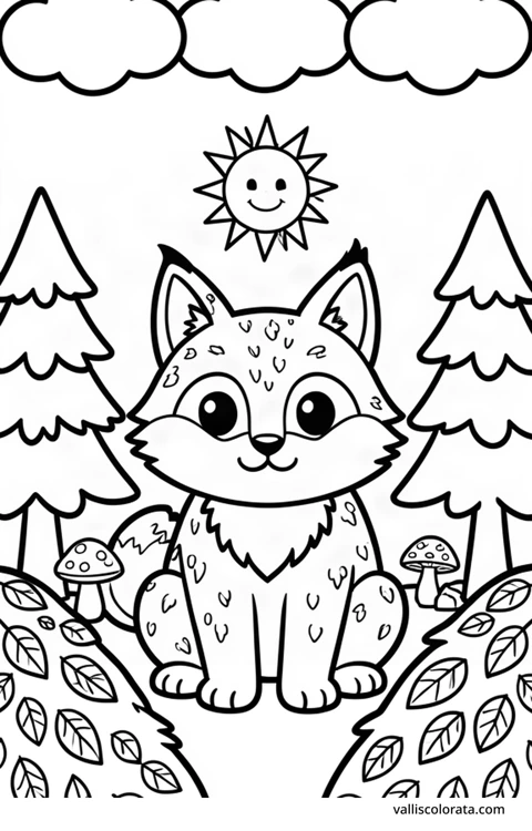 Color a cheerful lynx in a simple nature scene. A free Kawaii L1 page with open coloring spaces. Download an A4 PDF or branded PNG.