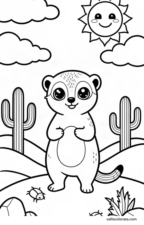 Color a cheerful meerkat in a simple nature scene. A free Kawaii L1 page with open coloring spaces. Download an A4 PDF or branded PNG.