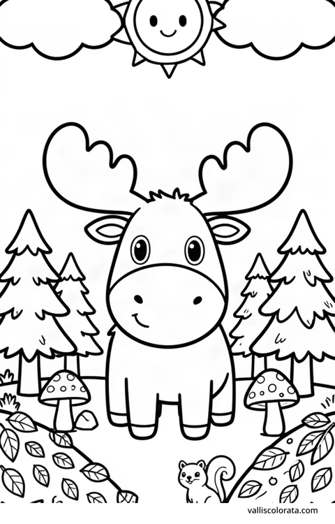 Bojanka: Los. Vesela životinja u jednostavnom prizoru iz prirode. Besplatna Kawaii bojanka razine L1 za preuzimanje kao A4 PDF ili PNG s oznakom Vallis Colorata.