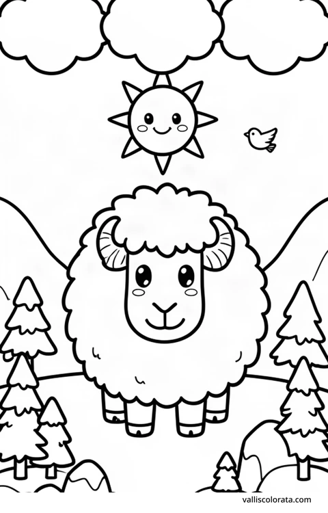 Bojanka: Mošusno govedo. Vesela životinja u jednostavnom prizoru iz prirode. Besplatna Kawaii bojanka razine L1 za preuzimanje kao A4 PDF ili PNG s oznakom Vallis Colorata.