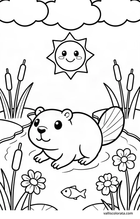 Bojanka: Bizamski štakor. Vesela životinja u jednostavnom prizoru iz prirode. Besplatna Kawaii bojanka razine L1 za preuzimanje kao A4 PDF ili PNG s oznakom Vallis Colorata.