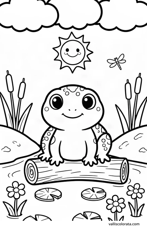 Bojanka: Vodenjak. Vesela životinja u jednostavnom prizoru iz prirode. Besplatna Kawaii bojanka razine L1 za preuzimanje kao A4 PDF ili PNG s oznakom Vallis Colorata.