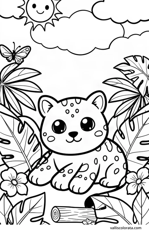 Color a cheerful ocelot in a simple nature scene. A free Kawaii L1 page with open coloring spaces. Download an A4 PDF or branded PNG.