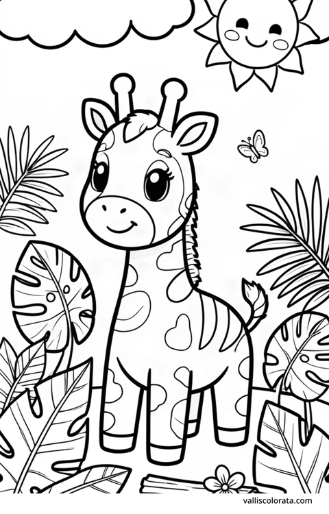 Bojanka: Okapi. Vesela životinja u jednostavnom prizoru iz prirode. Besplatna Kawaii bojanka razine L1 za preuzimanje kao A4 PDF ili PNG s oznakom Vallis Colorata.