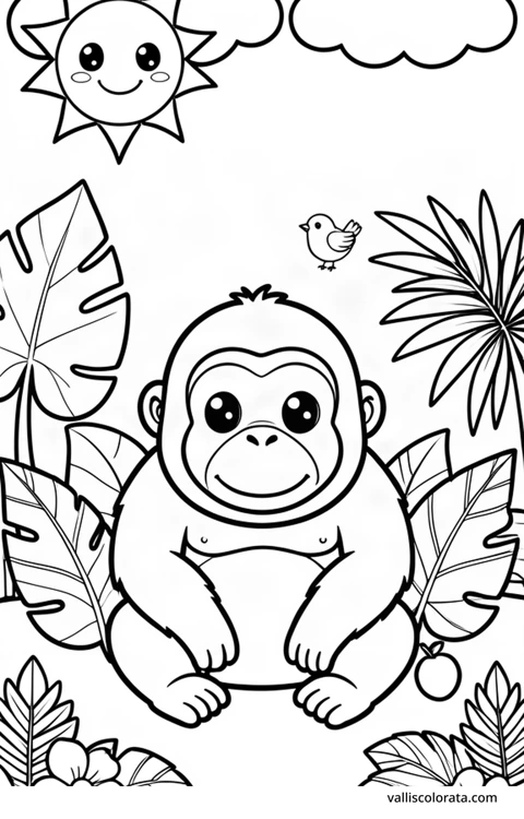 Bojanka: Orangutan. Vesela životinja u jednostavnom prizoru iz prirode. Besplatna Kawaii bojanka razine L1 za preuzimanje kao A4 PDF ili PNG s oznakom Vallis Colorata.