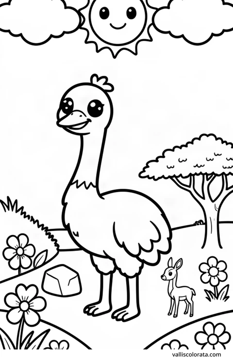 Color a cheerful ostrich in a simple nature scene. A free Kawaii L1 page with open coloring spaces. Download an A4 PDF or branded PNG.