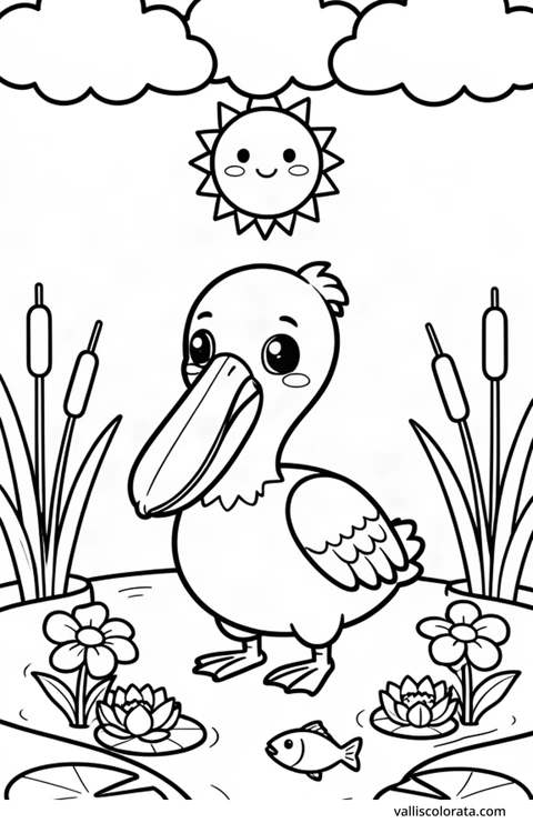 Color a cheerful pelican in a simple nature scene. A free Kawaii L1 page with open coloring spaces. Download an A4 PDF or branded PNG.