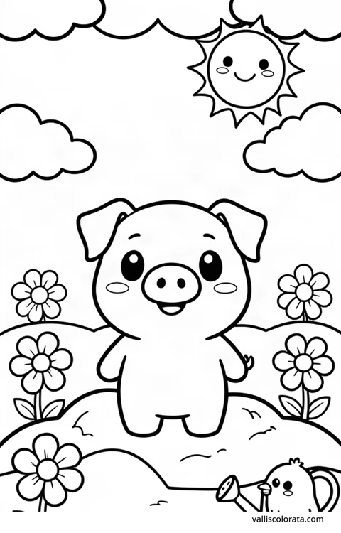 Color a cheerful piglet in a simple nature scene. A free Kawaii L1 page with open coloring spaces. Download an A4 PDF or branded PNG.
