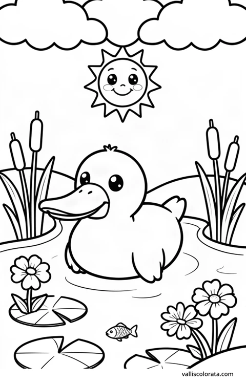 Color a cheerful platypus in a simple nature scene. A free Kawaii L1 page with open coloring spaces. Download an A4 PDF or branded PNG.