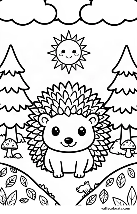 Color a cheerful porcupine in a simple nature scene. A free Kawaii L1 page with open coloring spaces. Download an A4 PDF or branded PNG.
