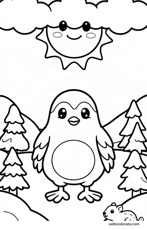 Color a cheerful ptarmigan in a simple nature scene. A free Kawaii L1 page with open coloring spaces. Download an A4 PDF or branded PNG.