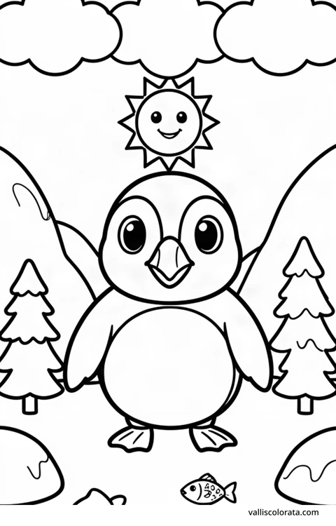 Color a cheerful puffin in a simple nature scene. A free Kawaii L1 page with open coloring spaces. Download an A4 PDF or branded PNG.
