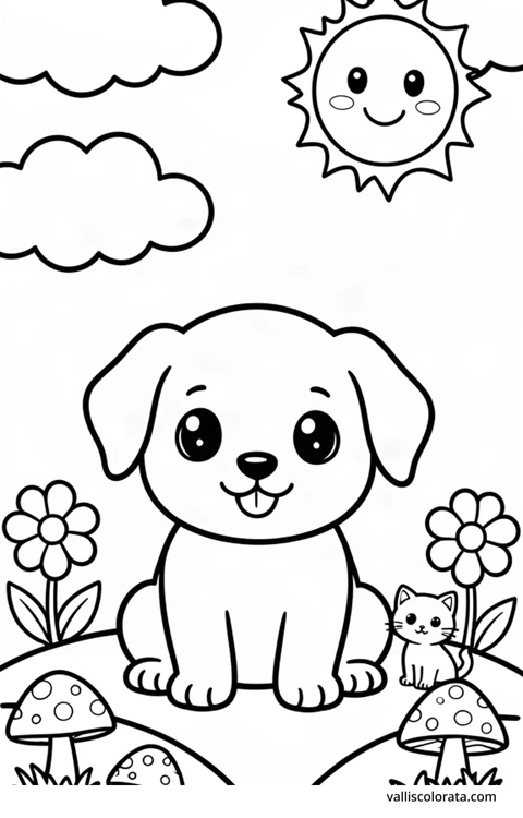 Color a cheerful puppy in a simple nature scene. A free Kawaii L1 page with open coloring spaces. Download an A4 PDF or branded PNG.