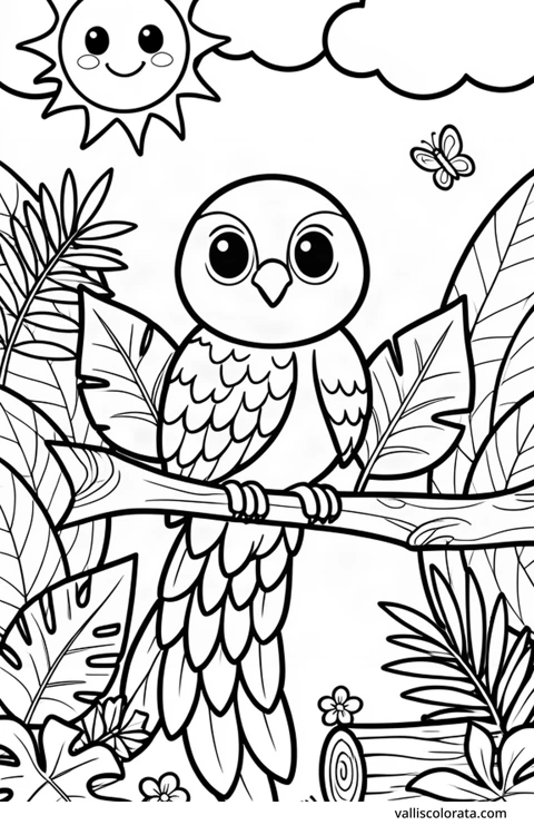 Color a cheerful quetzal in a simple nature scene. A free Kawaii L1 page with open coloring spaces. Download an A4 PDF or branded PNG.