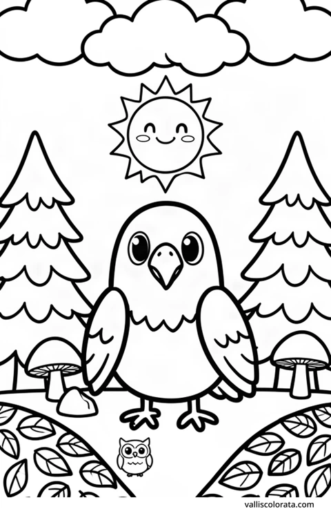 Color a cheerful raven in a simple nature scene. A free Kawaii L1 page with open coloring spaces. Download an A4 PDF or branded PNG.