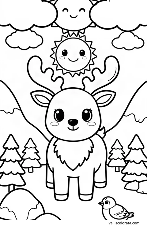 Color a cheerful reindeer in a simple nature scene. A free Kawaii L1 page with open coloring spaces. Download an A4 PDF or branded PNG.