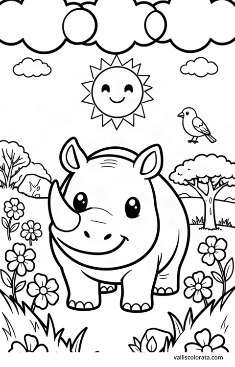 Color a cheerful rhinoceros in a simple nature scene. A free Kawaii L1 page with open coloring spaces. Download an A4 PDF or branded PNG.