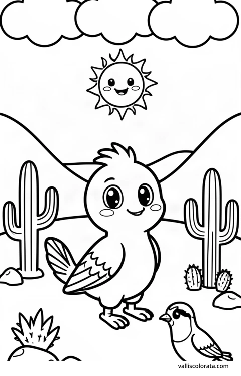 Color a cheerful roadrunner in a simple nature scene. A free Kawaii L1 page with open coloring spaces. Download an A4 PDF or branded PNG.
