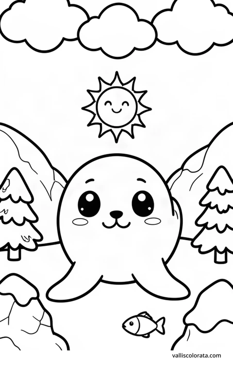 Color a cheerful seal in a simple nature scene. A free Kawaii L1 page with open coloring spaces. Download an A4 PDF or branded PNG.