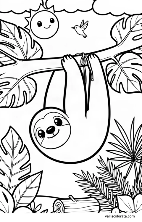 Color a cheerful sloth in a simple nature scene. A free Kawaii L1 page with open coloring spaces. Download an A4 PDF or branded PNG.