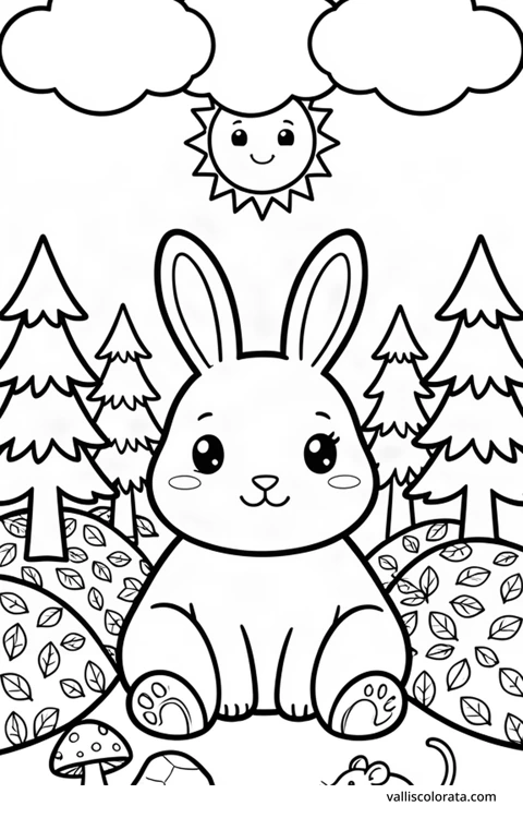 Bojanka: Snježni zec. Vesela životinja u jednostavnom prizoru iz prirode. Besplatna Kawaii bojanka razine L1 za preuzimanje kao A4 PDF ili PNG s oznakom Vallis Colorata.