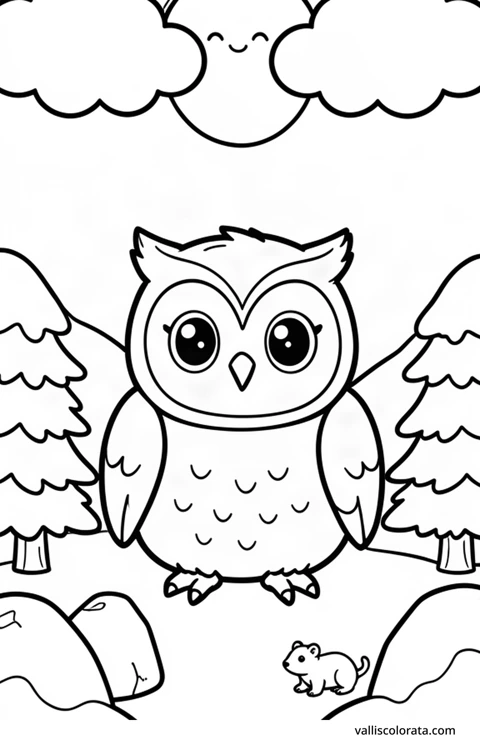 Color a cheerful snowy owl in a simple nature scene. A free Kawaii L1 page with open coloring spaces. Download an A4 PDF or branded PNG.