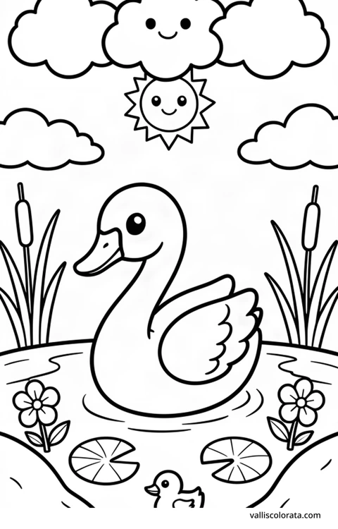 Color a cheerful swan in a simple nature scene. A free Kawaii L1 page with open coloring spaces. Download an A4 PDF or branded PNG.