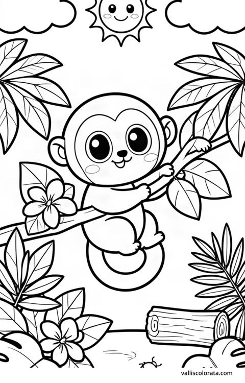 Bojanka: Tamarin. Vesela životinja u jednostavnom prizoru iz prirode. Besplatna Kawaii bojanka razine L1 za preuzimanje kao A4 PDF ili PNG s oznakom Vallis Colorata.