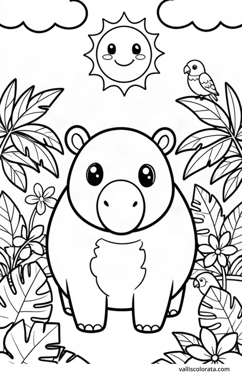 Bojanka: Tapir. Vesela životinja u jednostavnom prizoru iz prirode. Besplatna Kawaii bojanka razine L1 za preuzimanje kao A4 PDF ili PNG s oznakom Vallis Colorata.