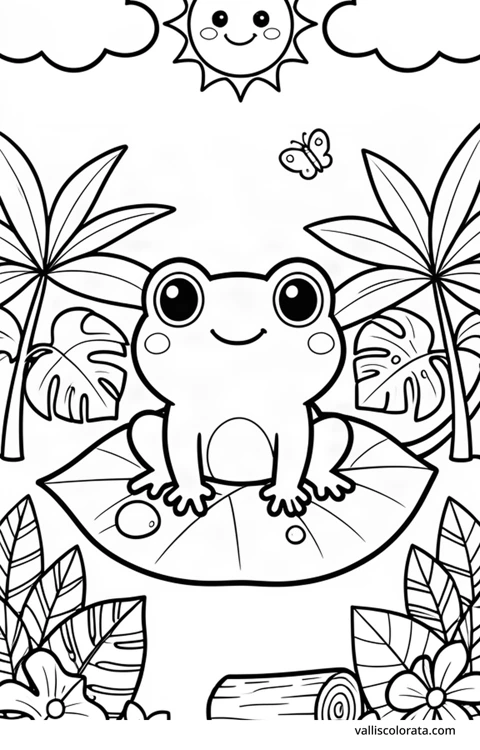 Color a cheerful tree frog in a simple nature scene. A free Kawaii L1 page with open coloring spaces. Download an A4 PDF or branded PNG.