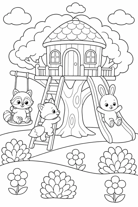 A raccoon, bunny and fox play around a treehouse with a ladder, swing and slide.