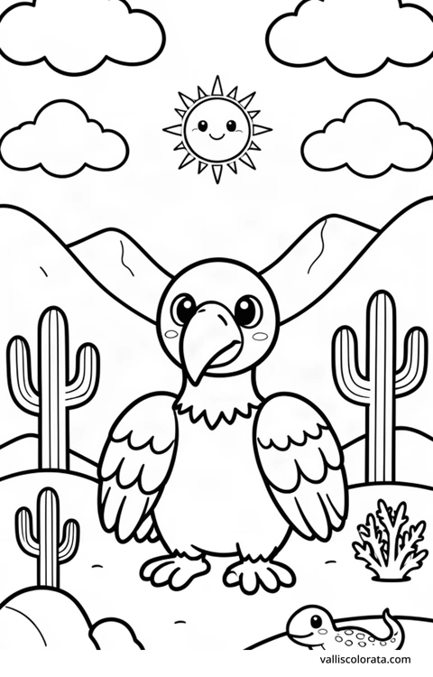 Color a cheerful vulture in a simple nature scene. A free Kawaii L1 page with open coloring spaces. Download an A4 PDF or branded PNG.