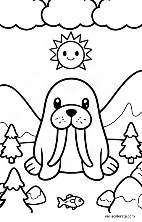 Bojanka: Morž. Vesela životinja u jednostavnom prizoru iz prirode. Besplatna Kawaii bojanka razine L1 za preuzimanje kao A4 PDF ili PNG s oznakom Vallis Colorata.