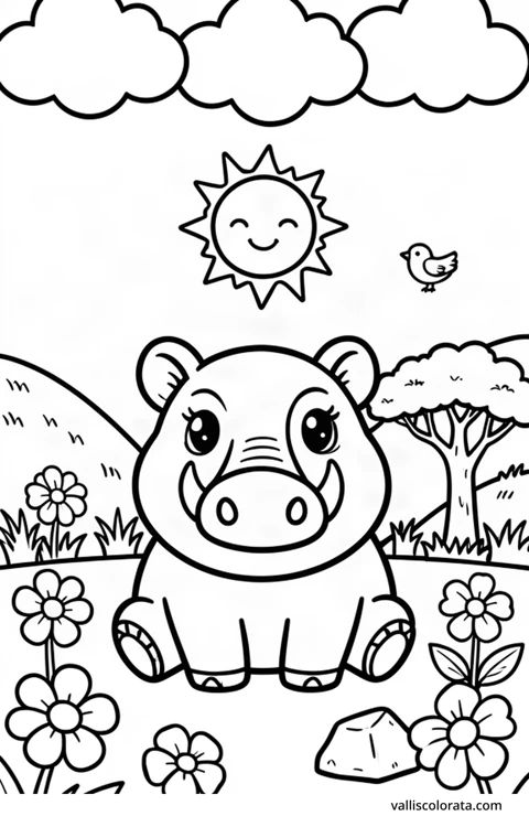 Bojanka: Bradavičasta svinja. Vesela životinja u jednostavnom prizoru iz prirode. Besplatna Kawaii bojanka razine L1 za preuzimanje kao A4 PDF ili PNG s oznakom Vallis Colorata.