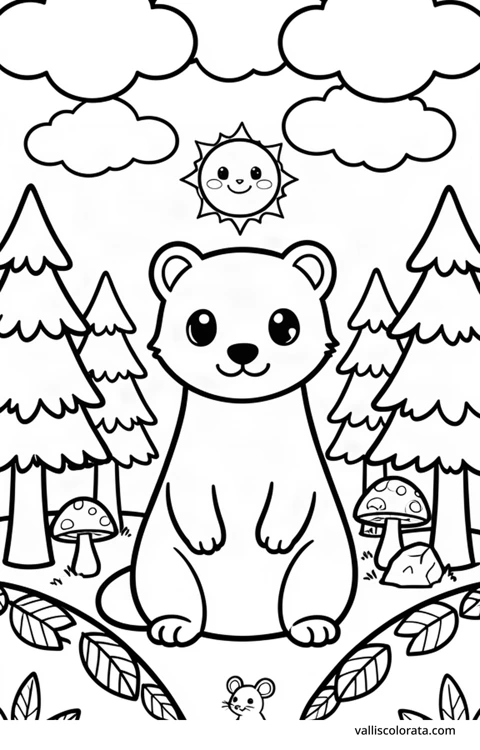 Color a cheerful weasel in a simple nature scene. A free Kawaii L1 page with open coloring spaces. Download an A4 PDF or branded PNG.